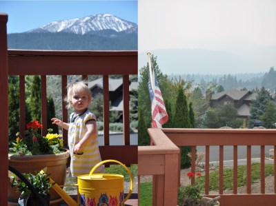 My view normally/My view as of 8/26/13 because of Rim Fire smoke 150 miles away.